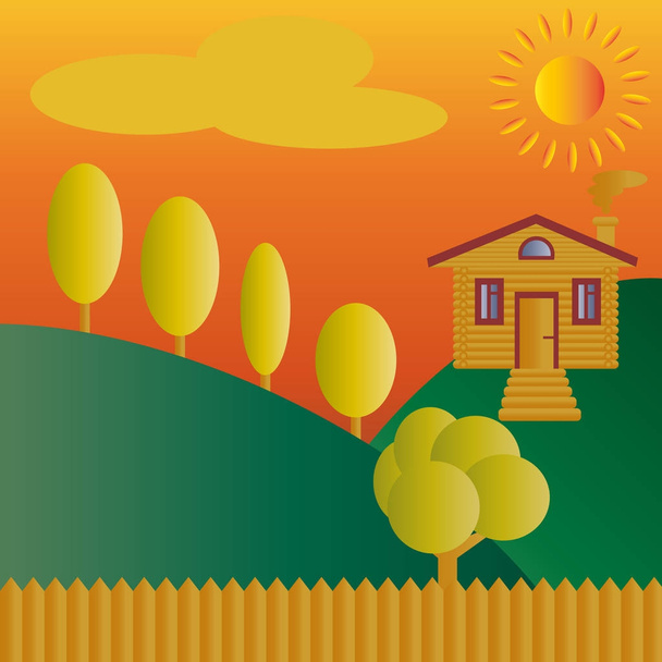 Um tronco, de madeira, casa rústica com um pórtico em uma colina em amarelo, o sol, nuvens, uma cerca afiada e laranjeiras. Paisagem de outono. Ilustração vetorial
. - Vetor, Imagem