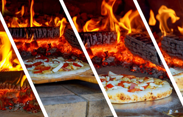 Primo piano pizza nel forno a legna con fiamma dietro collage fotografico
 - Foto, immagini