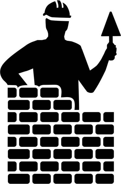 Bricklayer silhouette behind brick wall - Vector, Image