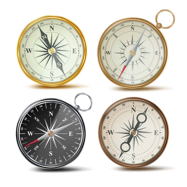 Compass Set Vector. Different Colored Compasses. Navigation Realistic Object Sign. Retro Style. Wind Rose. Isolated On White Illustration - Vector, Image