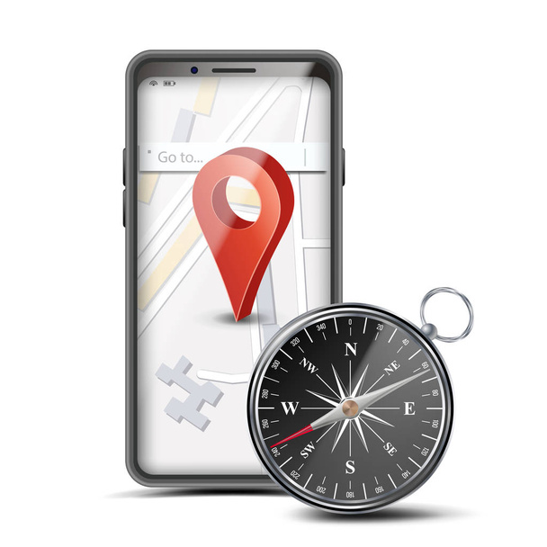 GPS App Concept Vector. Mobile Smart Phone With GPS Map And Navigation Map Compass. PCs Navigation System. Red Pointer. Isolated Illustration - Vector, Image