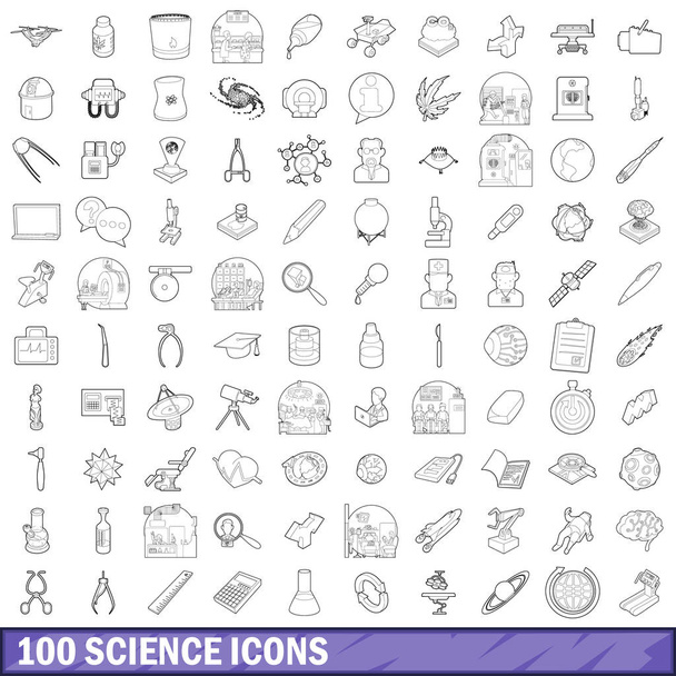 100 bilim Icons set, anahat stili - Vektör, Görsel