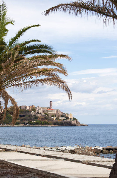 Korsika, 03 / 09 / 2017: die Skyline der alten Zitadelle von Bastia, der Stadt im Nordosten am Fuße des Mützenkorses, durch die Palmen an der Strandpromenade gesehen - Foto, Bild