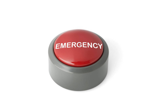 Červené kruhové tlačítko s popiskem "Emergency" na bílém pozadí - Fotografie, Obrázek