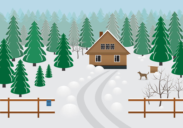 Rustic wooden house in a forest area in winter . - Vector, Image