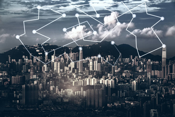 Double exposure of Network connection around cityscape in asia - Photo, Image