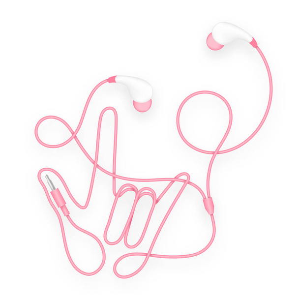 Écouteurs, Dans le type d'oreille couleur rose et I Love You langue des signes à la main faite à partir de câble isolé sur fond blanc, avec espace de copie
 - Vecteur, image