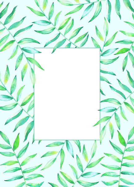 Card template with watercolor hand drawn tropical plants isolated on white background with empty space for text. - Φωτογραφία, εικόνα