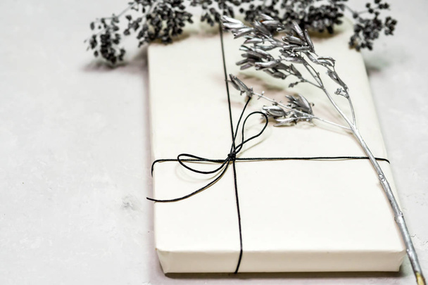 Gift box handmade from white paper, dry twigs, spruce.  - Foto, Imagen
