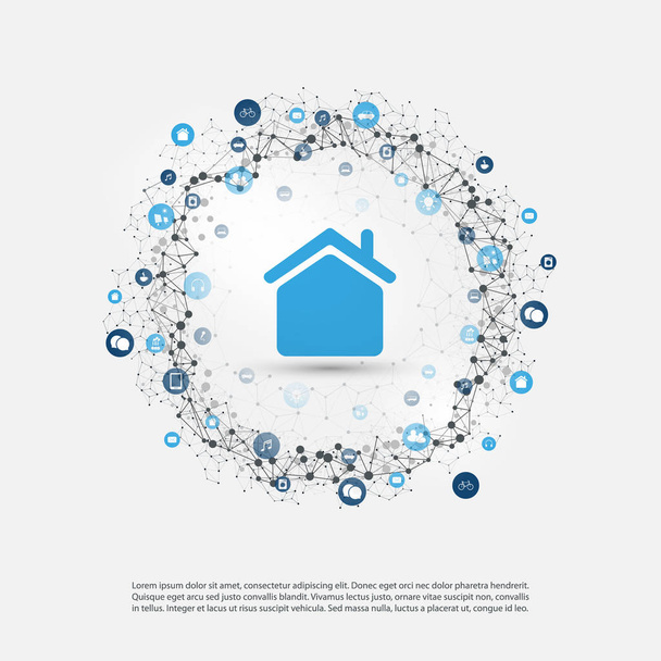 Smart Home, Internet van dingen of Cloud Computing Design Concept met pictogrammen - digitale netwerkverbindingen, technische achtergrond - Vector, afbeelding