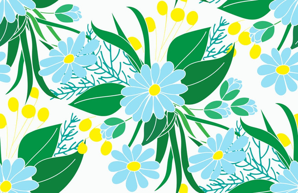 Seamless floral pattern, blue daisies with leaves on a white background.For cloth, wallpaper, wrapping paper, oilcloths. - Vector, Image