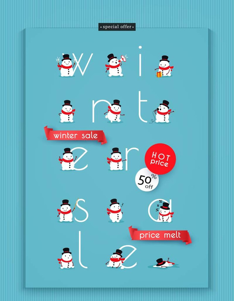 Talvimyynti. Hinnat sulavat. Creative mainonta banneri kuvitettu sulava lumiukkoja. Vektoriesimerkki
 - Vektori, kuva