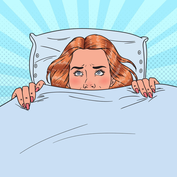 Pop-Art verängstigte junge Frau, die sich im Bett versteckte. ängstliches Mädchen unter der Decke - Vektor, Bild