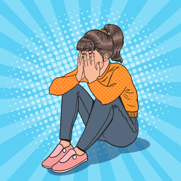 Pop Art Upset Young Girl Sitting on the Floor. Depressed Crying Woman - Vector, Image