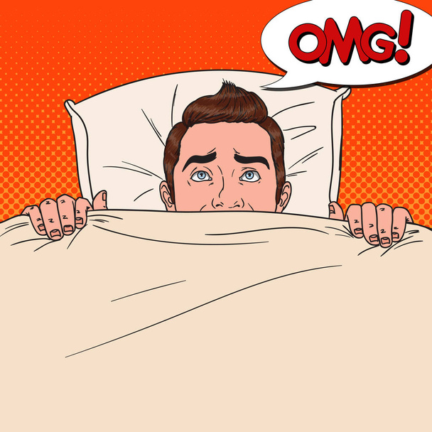 Pop Art adam gizleme yatakta şok. Korkmuş adam battaniyenin altında Peeps - Vektör, Görsel