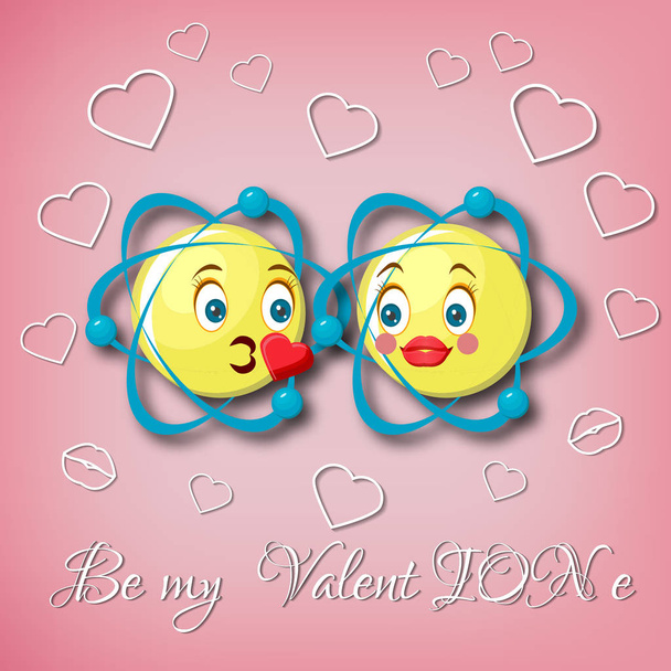 Valentines day greeting card template with two kissing atom emoticons and text Be my Valentine on pink background. - Vector, Image