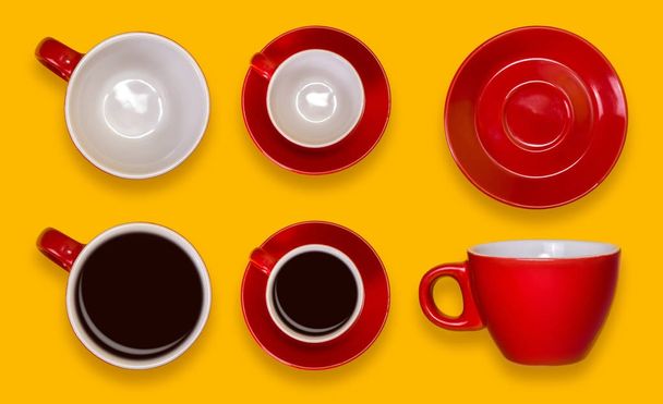 Набор пустых и полных красных чашек и тарелок. Кофе на желтом фоне
 - Фото, изображение