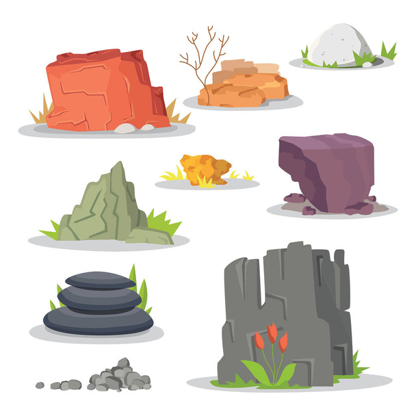 Rocks and stones elements collection set. Vector illustration of solid materials. Cartoon stones in different colors. - Vektor, obrázek