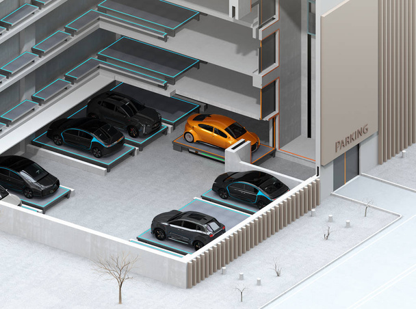 Cutaway Konzeptbild für automatisches Parksystem durch agv (Automated Guided Vehicle). 3D-Renderbild. - Foto, Bild