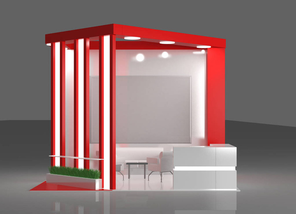 Kırmızı ve beyaz yuvarlak booth bayrakları ile. 3D render - Fotoğraf, Görsel