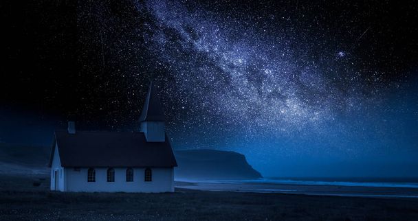 Small church on the beach at night with stars, Iceland  - Fotoğraf, Görsel