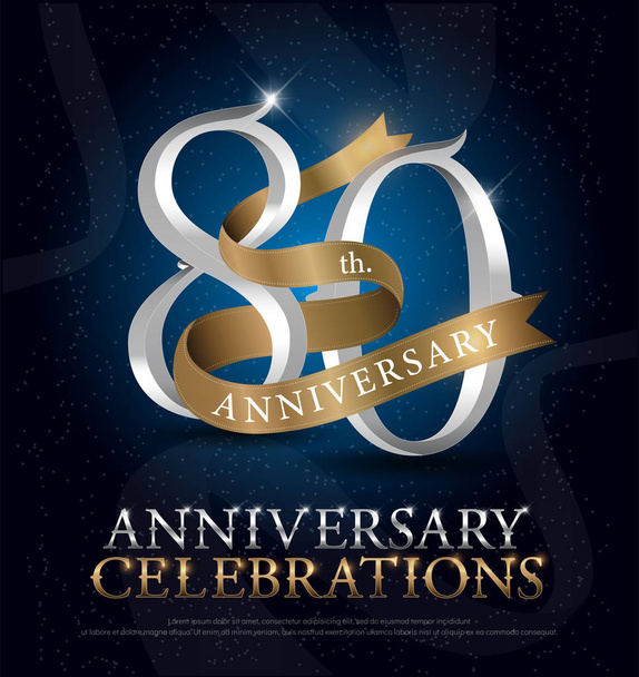 80ste jaar verjaardag viering silver en gold logo met gouden lint op donker blauwe achtergrond. vector illustrator.eps - Vector, afbeelding