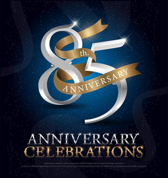 85ste jaar verjaardag viering silver en gold logo met gouden lint op donker blauwe achtergrond. vector illustrator.eps - Vector, afbeelding