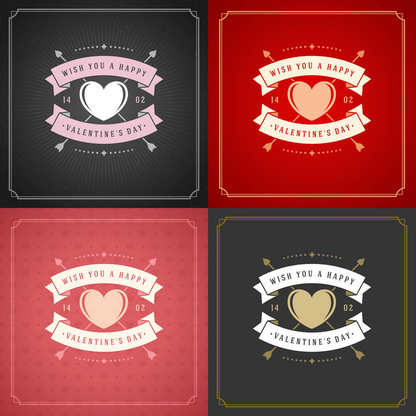 Happy Valentines Day Greeting Cards or Posters Set Vector illustration. Retro typography design and texture background. Heart shape symbol and elements, Love Concept. - Vektori, kuva