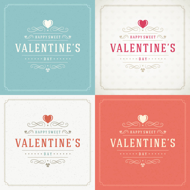 Happy Valentines Day Greeting Cards or Posters Set Vector illustration. Retro typography design and texture background. Heart shape symbol and elements, Love Concept. - Вектор,изображение