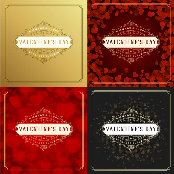 Happy Valentines Day Greeting Cards or Posters Set Vector illustration. Retro typography design and texture background. Heart shape symbol and elements, Love Concept. - Vector, afbeelding