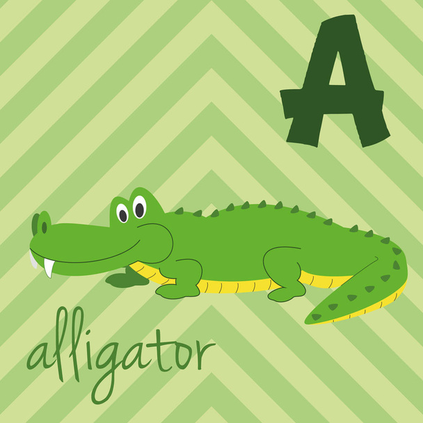 Schattige cartoon dierentuin geïllustreerd alfabet met grappige dieren: A voor Alligator. Engels alfabet. Leren lezen. Geïsoleerde vectorillustratie. - Vector, afbeelding