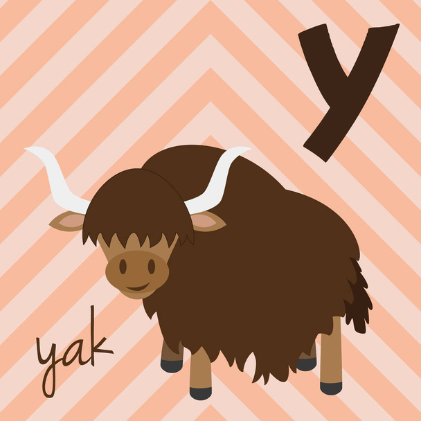 Cute cartoon zoo illustrated alphabet with funny animals: Y for Yak. English alphabet. Learn to read. Isolated Vector illustration. - Вектор, зображення