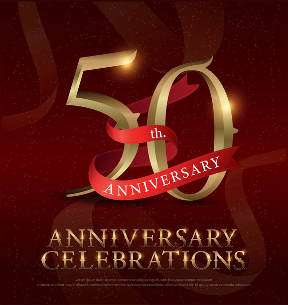 50th years anniversary celebration golden logo with red ribbon on red background. vector illustrator.eps - Vector, Image