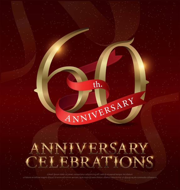 60 let výročí oslav zlaté logo s červenou stužkou na červeném pozadí. vektor illustrator.eps - Vektor, obrázek