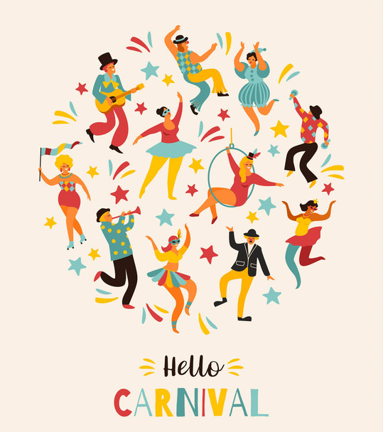 Hello karnevál vektoros illusztráció vicces táncoló nők és férfiak fényes jelmezek. - Vektor, kép