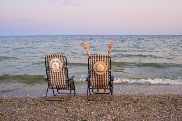 Beach chairs with sea as background. - Photo, Image
