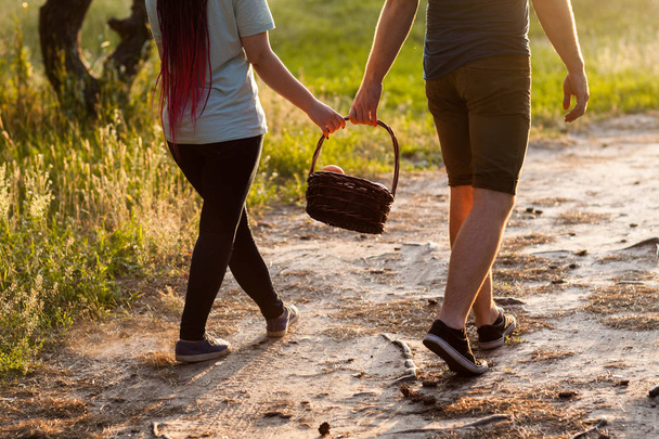 Couple walk informal meadow picnic love concept. - Φωτογραφία, εικόνα