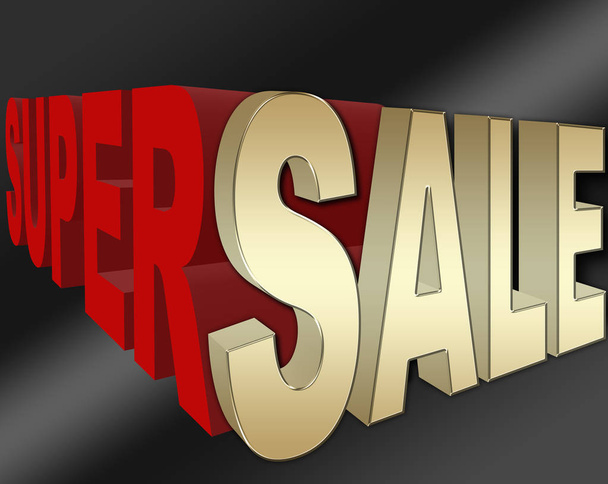 Σούπερ Πώληση Banner - σημάδι, Χρυσή πώληση, 3d απεικόνιση, απομονωμένη μαύρο φόντο. - Φωτογραφία, εικόνα