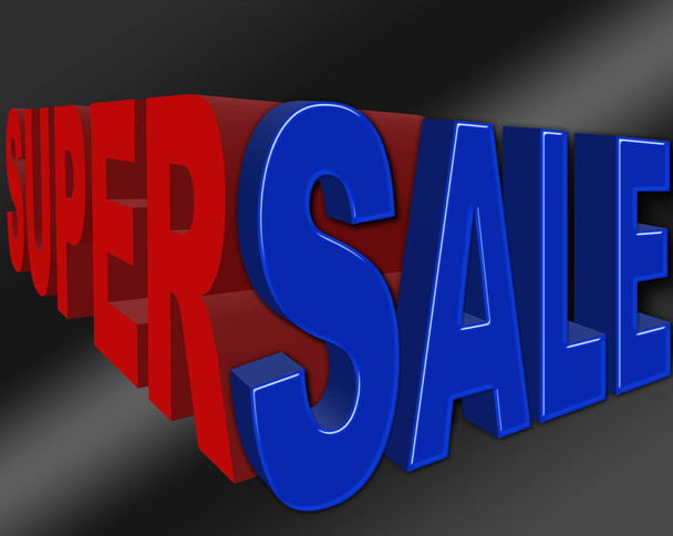 Stock Illustratie - Super verkoop Banner - teken, blauwe verkoop, 3d illustratie, geïsoleerd tegen de zwarte achtergrond. - Foto, afbeelding