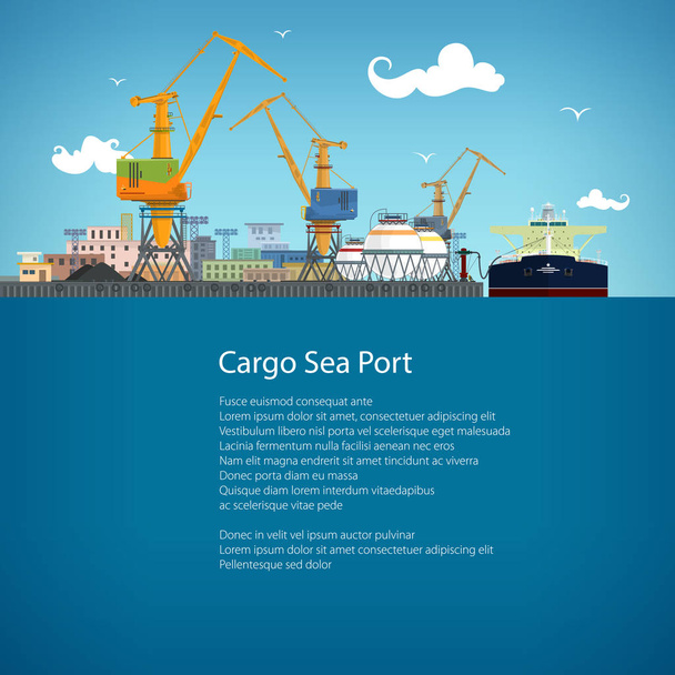 Tanker in a Cargo Seaport and Text - Vector, Image