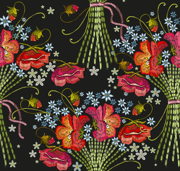 Embroidery bouquet of flowers seamless pattern - Вектор,изображение