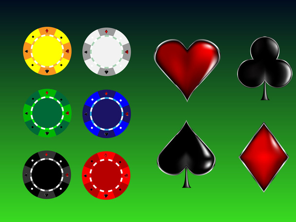 příznaky karty poker a kasino čipy - Vektor, obrázek