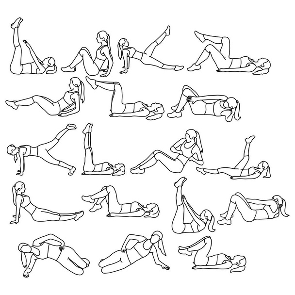 kobieta robi brzucha ćwiczenia na macie w siłowni wektor ilustracja kontur szkicu ręcznie rysowane z czarne linie na białym tle zestaw - Wektor, obraz