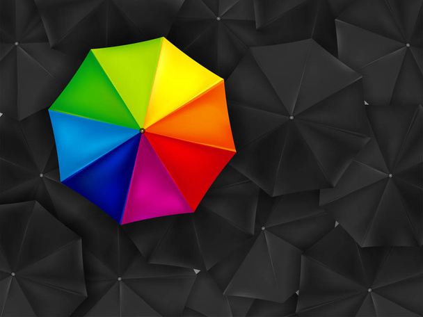 Jeden barevný deštník a pozadí mnoha černé deštníky - Vektor, obrázek