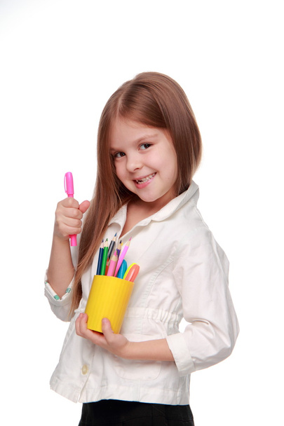 Little schoolgirl with pencils - Fotoğraf, Görsel