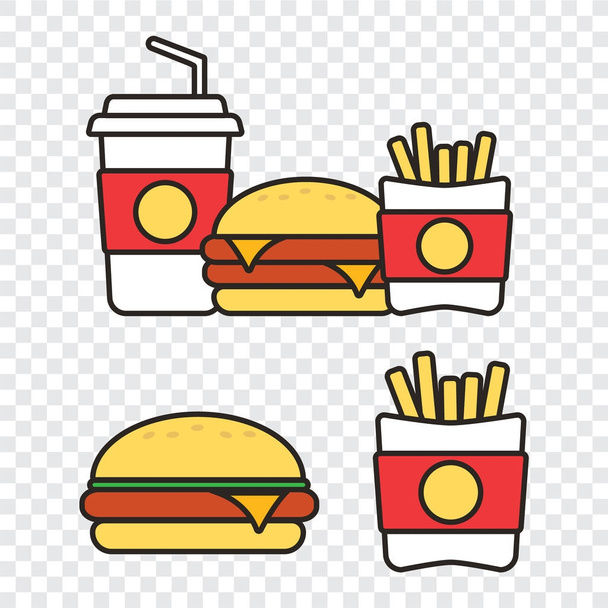 Snack e bevande fast food icone vettoriali piatte. Icone Fastfood. Snack bag cibo vettoriale - Vettoriali, immagini