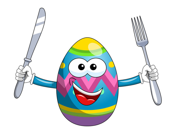 Mascotte décorée oeuf de Pâques tenant fourchette et couteau isolé
 - Vecteur, image