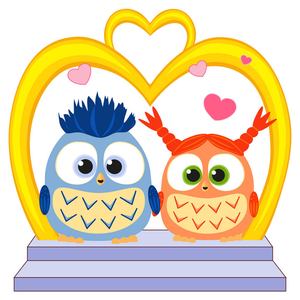 Cute baby owl in love wedding poster, heart, arc, stair - Vektor, obrázek
