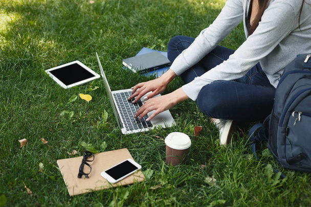 Jeune femme coûteuse utilisant un ordinateur portable dans le parc
 - Photo, image