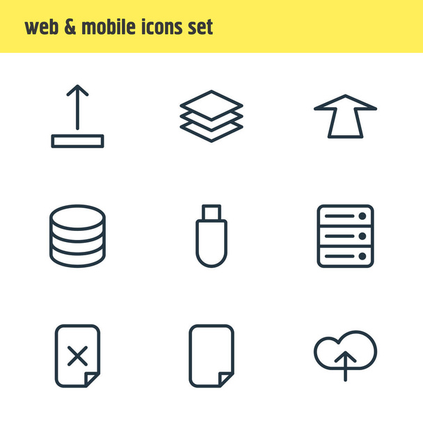 illustration of 9 storage icons line style. Editable set of upload, datacenter, layer and other elements. - 写真・画像